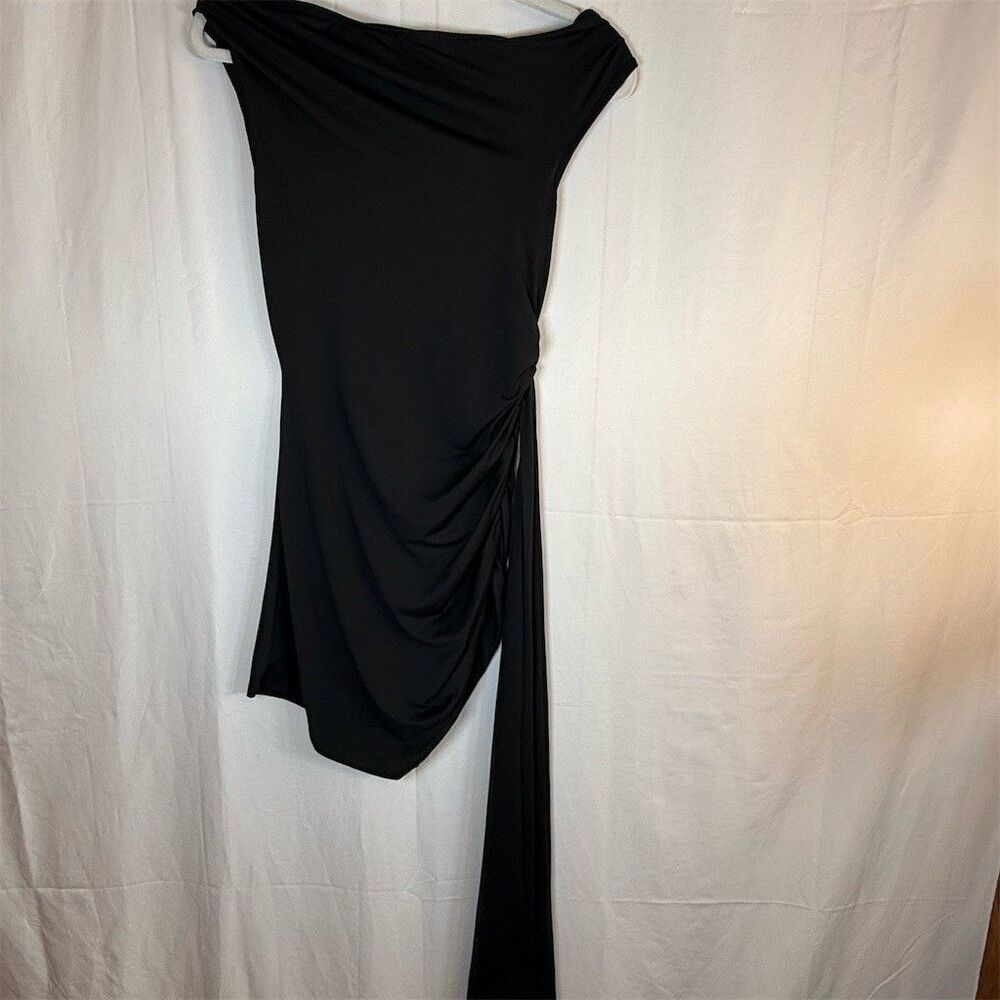 Womens One Shoulder Dress Size Small Black Ruched Asymmetrical Drape Sash
